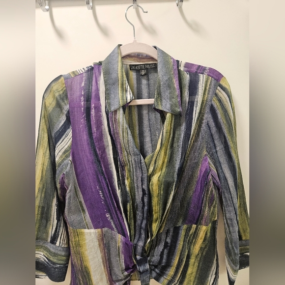 Lafayette 148 Purple And Green Tie Front Silk Blend Long Sleeve Size 10 - Picture 2 of 9